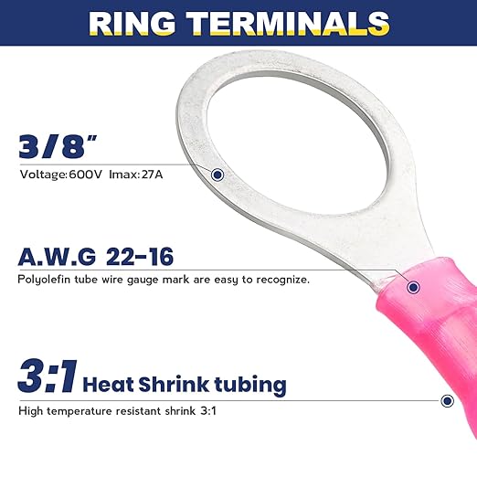 haisstronica 200pcs 3/8" Red Marine Grade Heat Shrink Ring Connectors,22-16 Gauge Tinned Red Copper 0.7mm Ring Terminals Connectors,Brazed-Seam Insulated Electrical Crimp Wire Terminals