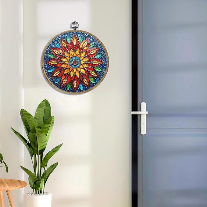 Colorful Geometric Mandala Framed Round Wall Decor Canvas Wall Art Hanging - Image 6