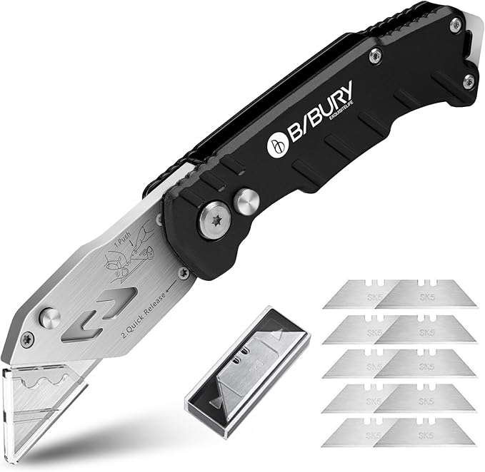 Utility Knife, BIBURY Upgraded Version Heavy Duty Box Cutter, Pocket Carpet knife with 10 Replaceable SK5 Stainless Steel Blades, Belt Clip, Easy Release Button, Quick Change and Safety Lock
