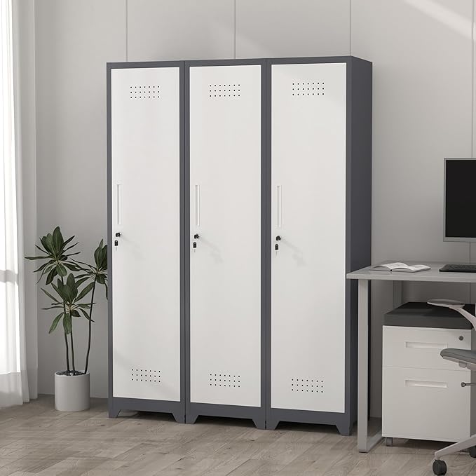65" H Slim Broom Storage Cabinets, Metal Broom Closet with Hanging Rod & S-Hooks, Utility Cabinet for Brooms and Mops, Indoor Cleaning Storage Cabinet with Shelf for Bedroom, Bathroom, Garage