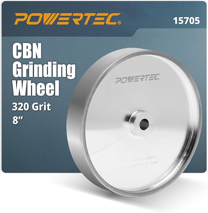POWERTEC CBN Grinding Wheel 8 Inch 320 Grit, 1-1/2" Wide, 5/8" Arbor – Bench Grinder Sharpening Wheel for HSS Tools, Lathe Chisels, and Woodturning Tools (15705)