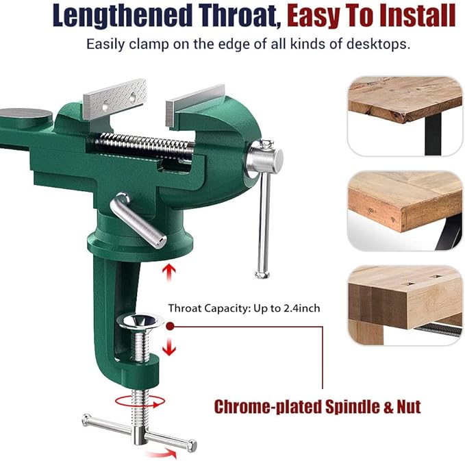 Nuovoware Table Vise 3 Inch, 360° Swivel Base Universal Home Vise Portable Bench Clamp, Clamp-on Vise Bench Clamps Fixed Tool for Woodworking, Metalworking, Cutting Conduit,Drilling,Sawing, Army Green