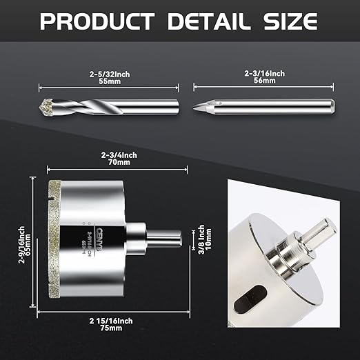 2-9/16inch | 65mm Diamond Hole Saw with Center Drill bit and Diamond-Coated Center Drill bit for Ceramic Glass Marble Fiberglass Granite and Porcelain Tiles by CENYB