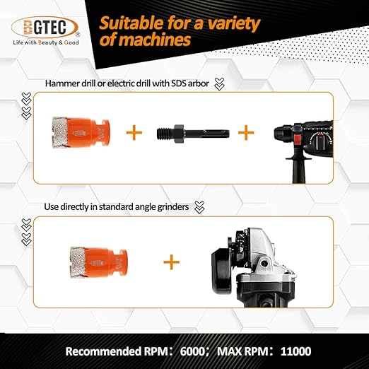 BGTEC Tile Hole Saw Kit Diamond - 12PCS 5/8-11 Thread Drill Bit 6/8/10/19/25/35/50/75/102mm+50mm Chamfer Bit+20mm Finger Bit+SDS Adapter for Pocelian Tile Ceramic Marble Granite Stoneware