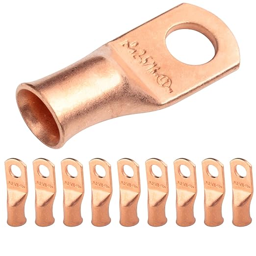 SELTERM 10pcs 2 AWG - 5/16" Stud - Battery Lugs, Heavy Duty Wire Lugs, Ring Terminals, Battery Cable Ends,2 Gauge Terminals, UL Bare Copper Eyelets Electrical Battery Terminal Connectors