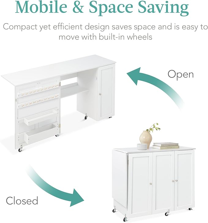 Best Choice Products Large Folding Sewing Table, Caster Wheels, Storage Shelves - Image 5