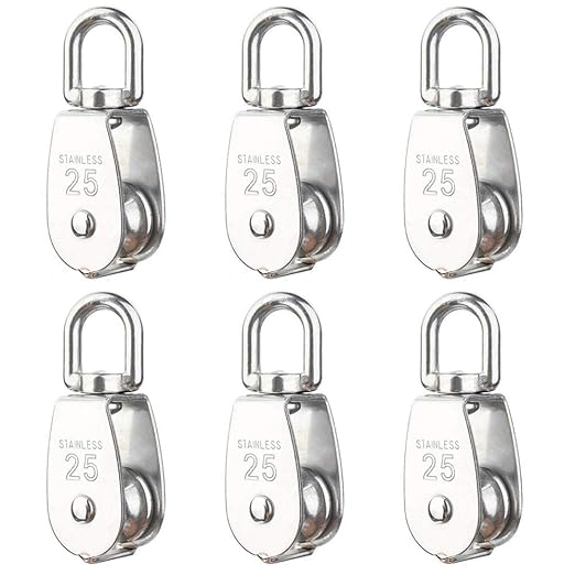 Rocaris 6 Pack M25 Lifting Single Pulley Roller Loading 330Ibs, 304 Stainless Steel Heavy Duty Single Wheel Swivel Lifting Rope Pulley Block