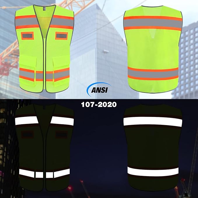 TCCFCCT Safety Vest for Men Women Mesh Reflective Vest with Pockets, High Visibility Surveyor Vest with Fluorescent Orange Extend Edge, Meets ANSI/ISEA Standards, Yellow, XL