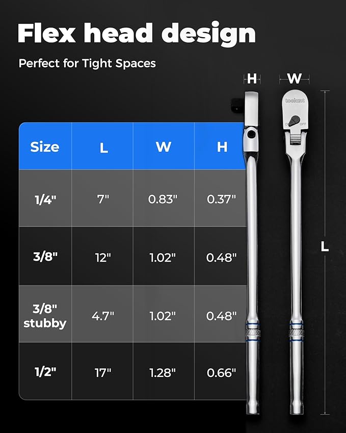 toolant Stubby 3/8" Drive Flex Head Ratchet, 90 Tooth Compact Flex Head Socket Ratchet Wrench, 4.7 Inch Length