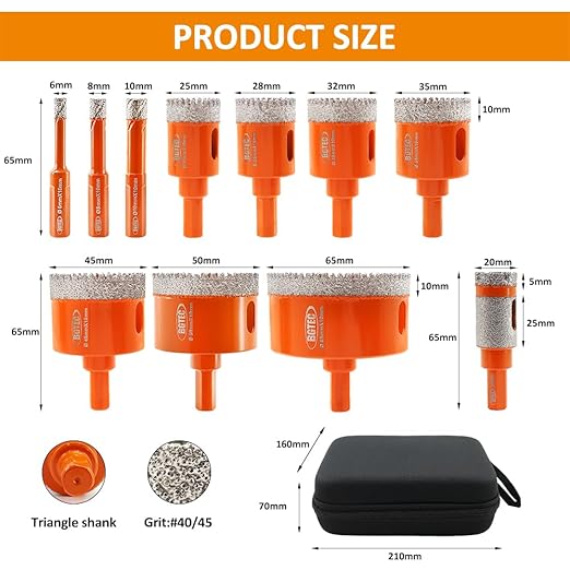 Diamond Core Drill Bit Kit BGTEC Diamond Hole Saw Tile Cutter,Triangle Shank 10pcs 6/8/10/25/28/32/35/45/50/65mm Drill Bits+1pc 20mm Drilling Finger Bit