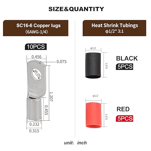 Thick Copper Electric Wire Lugs,10Pcs Tinned Copper Gauge 6Awg-1/4(M6) Ring Heavy Duty Battery Cable Lugs Ends Ring Terminals Connectors with 10Pcs 3:1 Heat Shrink Tubing Assortment Kit