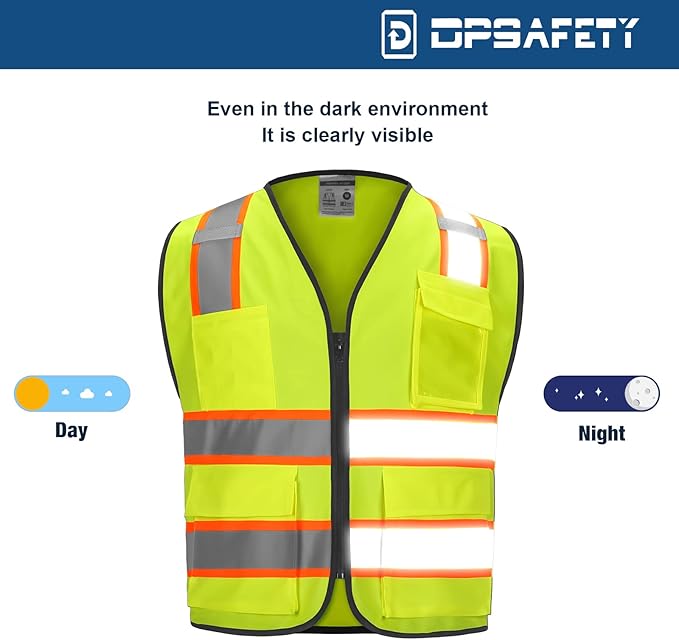 High visibility Class 2 Safety Vest，Hi Vis Vest with 2 inch wide Reflective Strips，Construction vest for men