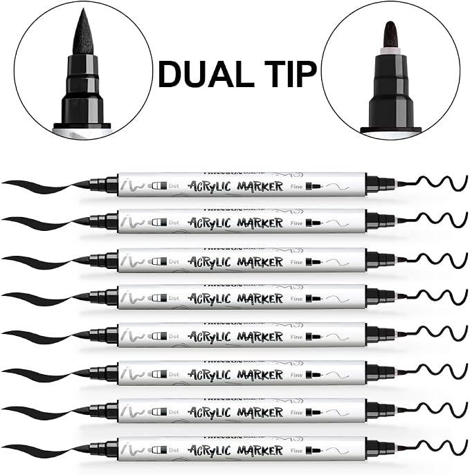 TRANSON 8 Pack Black Brush and Fine Dual-tip Acrylic Paint Marker - Image 4