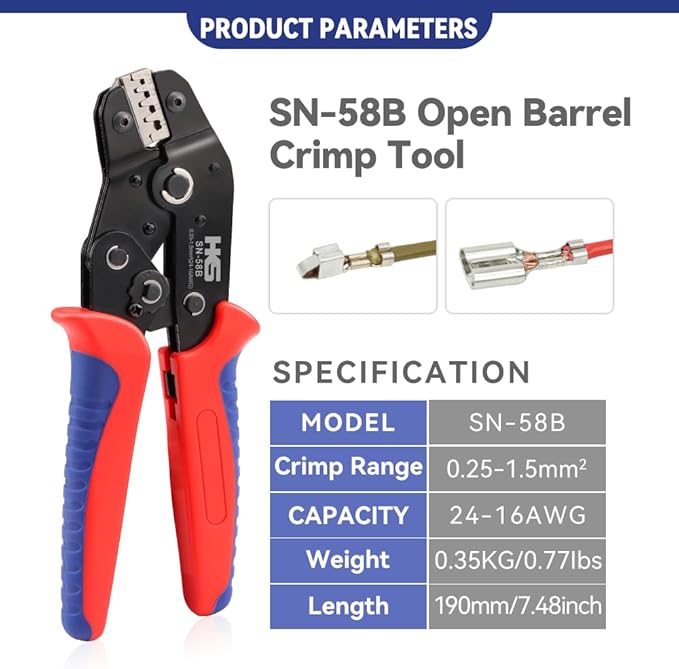HKS Non-insulated 24-16 AWG Open Barrel Crimping Tool 0.25-1.5mm², Ratcheting Crimper for Dupont Molex JST TE Terminals & EPC PCIE SATA Pins - SN-58B