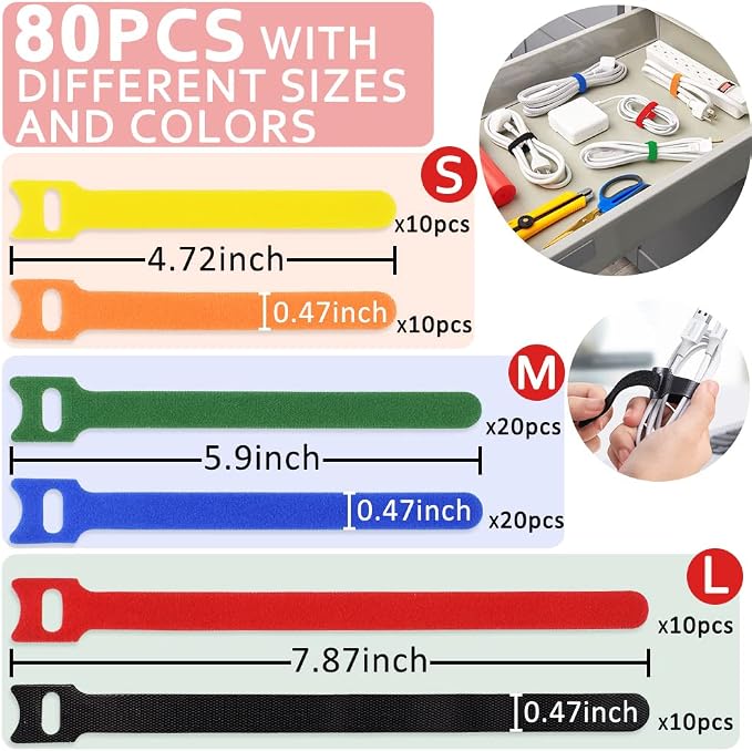80pcs Cable Ties Reusable Multicolor Wire Ties Cable Management Cord Ties - Image 4