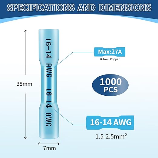 1000 Pcs Blue Heat Shrink Butt Connectors, 16-14 AWG Marine Grade Insulated Crimp Electrical Connectors, Terminals Splices for Automotive, Marine, Industrial, Home