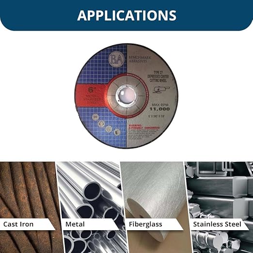 Benchmark Abrasives 6 Inch Aluminum Oxide Depressed Center Thin Type 1 Grinder Cut Off Wheels for Metal and More - .045" Thick 7/8" Arbor, Angle Grinder Cutting Disc, Grinding Cutting Wheel - 25 Pack