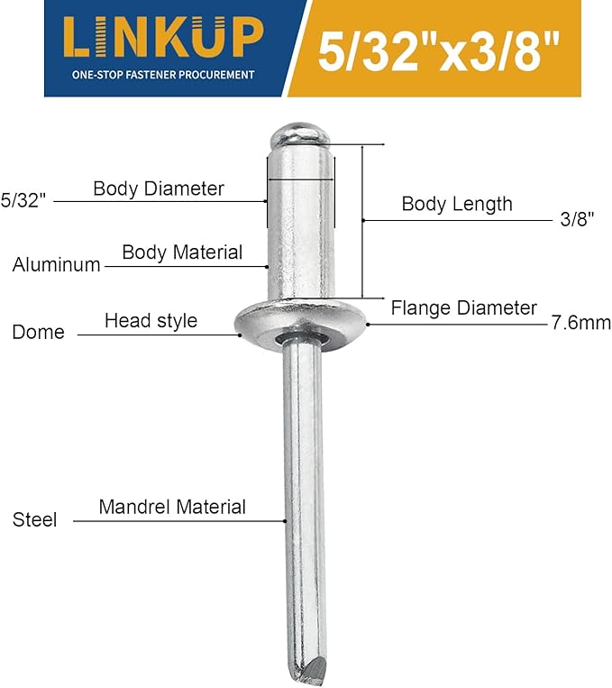 Linkup 250pcs pack 5/32" x 3/8" Pop blind Rivets, 4mm x 10mm pop rivets,Aluminum Body Steel Mandrel Rivets (Sliver),Dome Head aluminum rivets