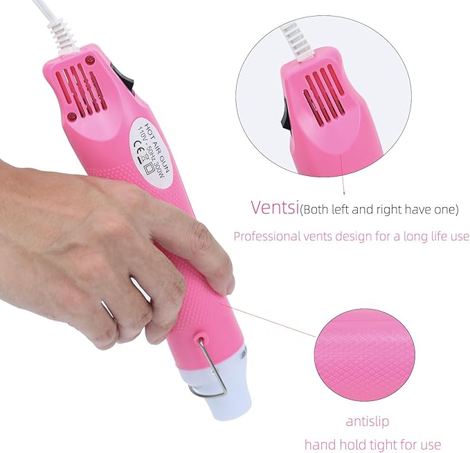 Heat Gun, 110V 300W Handed Hot Air Gun, 3.28FT Ultra-Long Cable Portable Heat Gun with Stand and Power Cord for Shrinking Wrapping PVC, DIY Embossing and Drying Paint (Pink)