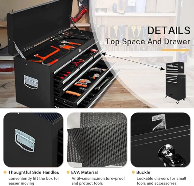 13 Drawer Rolling Tool Chest with Wheels, 2 in 1 Detachable Tool Chest with Drawers, Large Tool Box with Lock, Metal Tool Cabinet for Garage Workshop(Black)