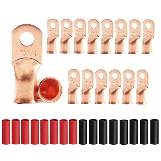 16Pcs 1/0 AWG 1/4" Stud Heavy Duty Copper Wire Lugs with 16Pcs Heat Shrink Tubing 1/0 Gauge Ring Terminals Battery Cable Ends Bare Copper Eyelets Tubular Ring Terminal for Car Boat Marine