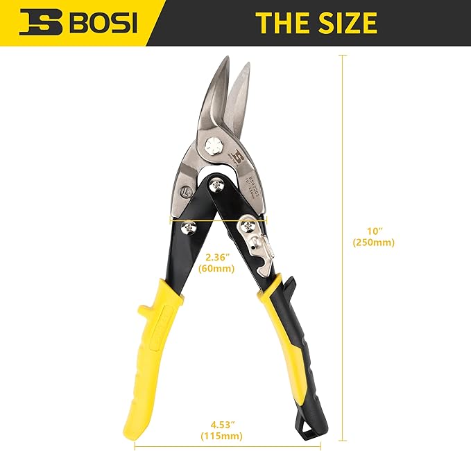 10 Inch Aviation Tin Snips Left Cut, Heavy Duty Sheet Metal Cutter Snips Shears Cutting Metal Sheet Chrome Vanadium Steel Sharp Blades Safety Latch