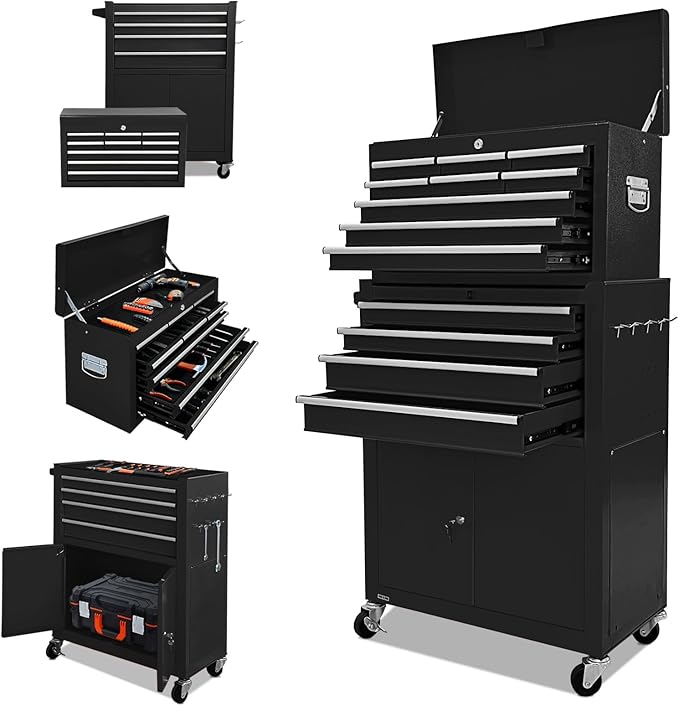 Tool Chest 13-Drawer with Double Door Handle,2 in 1 Detachable Rolling Tool Chests with Wheels and Drawers,Large Tool Box with Lock (Black)