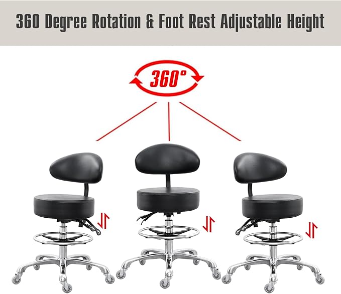 Drafting Chair Big Cushion Rolling Stool with Back, Tall Shop StoolRolling Chair with Footrest for Studio, Workshop, Classroom, Lab, Counter, Home Office (Black)