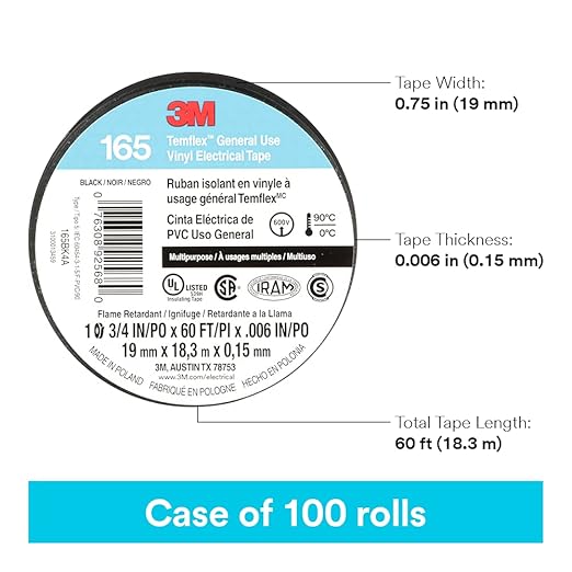 3M Temflex Vinyl Electrical Tape 165, Black, 3/4 in x 60 ft (19 mm x 18 m), 6 mil, 100 Rolls/Case