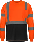 High Visibility Class 3 T Shirts，Hi Vis Safety Shirts with Reflective Strips and Pocket, Long Sleeve Quick Dry Mesh Construction Work Shirt for Men/Women Black Bottom Orange,Small