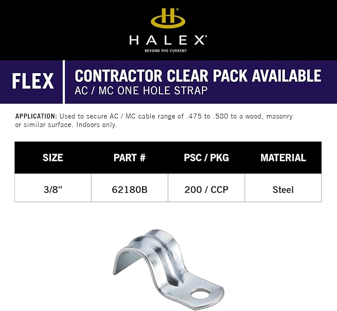 Halex – 3/8 Inch Flexible Metal Conduit (FMC) – 1 Hole Straps – 62180B – 200 Per Pack – Silver