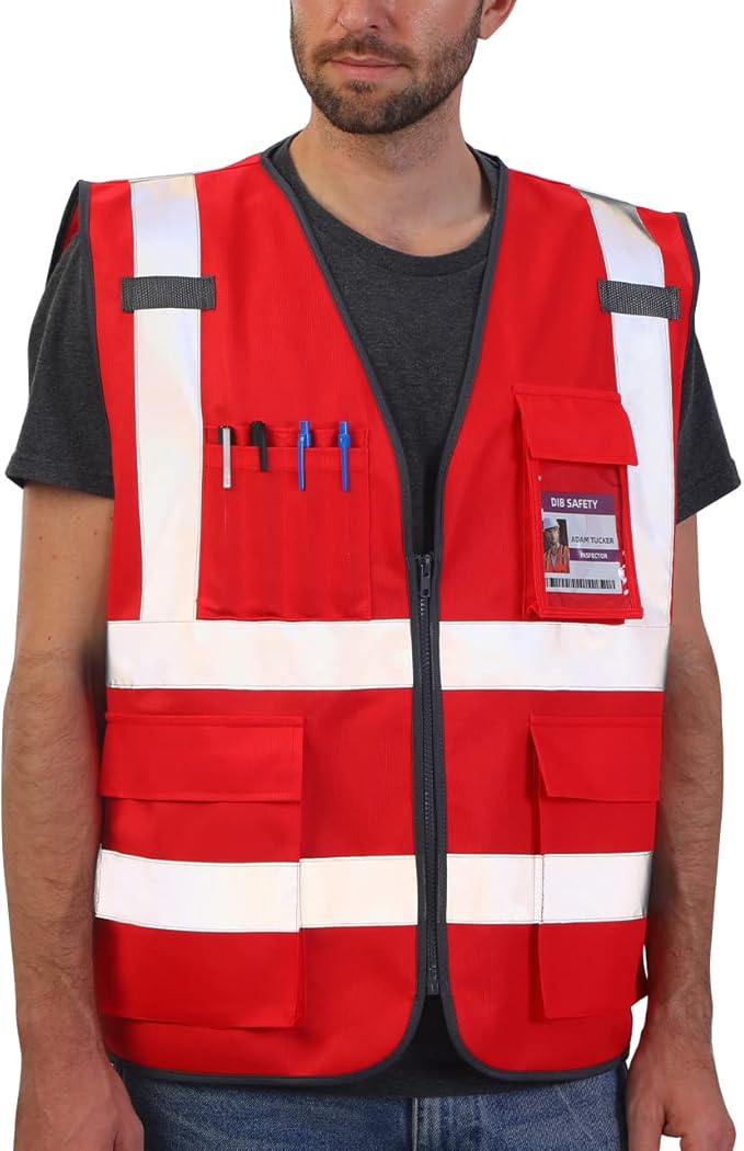 Dib Safety Reflective Vest High Visibility with Pockets and Zipper, Red S