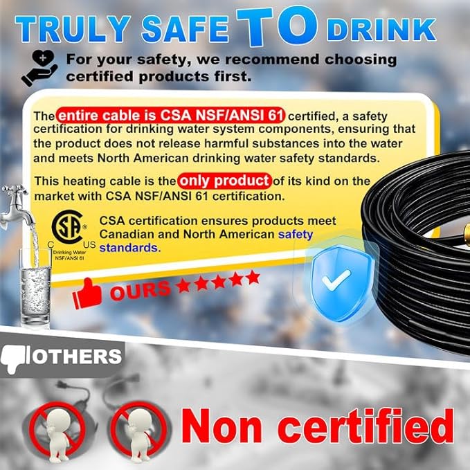 HEATIT Heat Cable for Drinking Water Supply Self Regulating in Pipe Heat Tape NSF/ANSI/CAN 61 Certified Pipe Freeze Protection 120V, 25FT