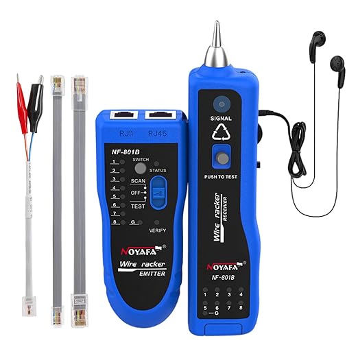 NOYAFA Network Cable Tester, RJ11 RJ45 Network Tester for Telephone, Ethernet, Video, Tone Generator, Metal, Ethernet Cable Tester Cable Toner with Earphone Flashlight