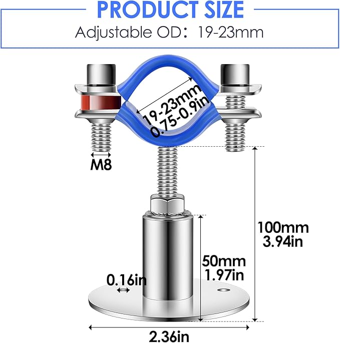 Adjustable Pipe Hangers Supports Stainless Steel 304 - Pipe Bracket Wall Mount Ceiling Mount Pipe Clamp Support with Screws for OD Pipe Tube 19-23mm Applicable Height 50-100mm (2PCS)