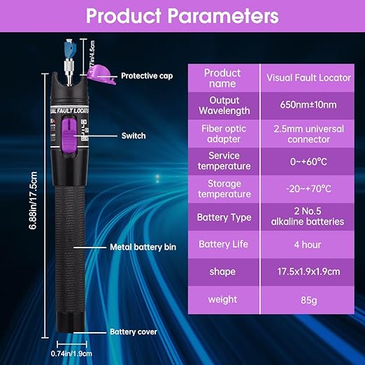 Moocci 3 Pcs Visual Fault Locator Fiber Optic Tester - VFL Fiber Optic Cable Tester Meter with FC to LC Adapter - Tools Kit for FC/SC/ST/LC Connector,Network Cable Test - Purple Blue Black