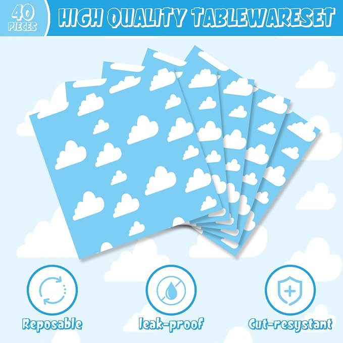 40Pcs Blue Sky White Clouds Birthday Party Decorations Cartoon Story Tableware - Image 4
