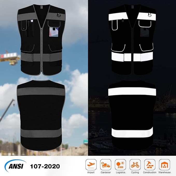 TCCFCCT Mesh Reflective Safety Vest, 9 Pockets High Visibility Vest for Men Women, Hi Vis Reflective Work Vest for Safety, Meets ANSI/ISEA Standards, (Black, XX-Large)