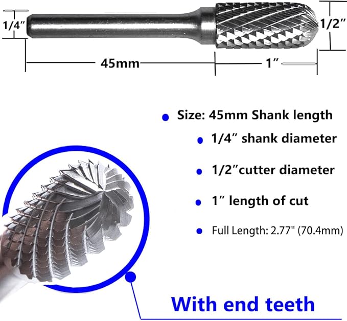Carbide Burr Set 1/4" Shank SC-5 Die Grinder Bits Tungsten Double Cut Burr Bits (1/2" Cutter Dia X 1" Cutter Length) for Die Grinder Kits Metal Grinding Drilling Polishing (1pcs)