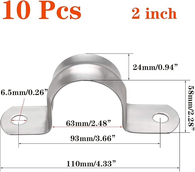 10 Pcs 2inch Rigid Pipe Strap,Two Hole Stainless Steel Strap U Bracket, Widened Tube Strap Tension Clip Assortment Kit Heavy Duty Pipe Clamp（63mm）