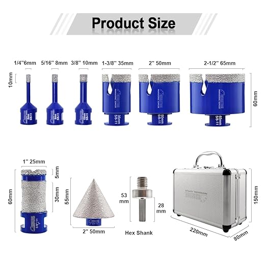 SHDIATOOL Diamond Drill Core Bits,Tile Drilling Core Hole Saw Beveling Chamfer for Porcelain Marble Ceramic Granite with Hexagon Shank Adapter 9pcs(6/8/10/35/50/65/25MM/2inch/HEX)