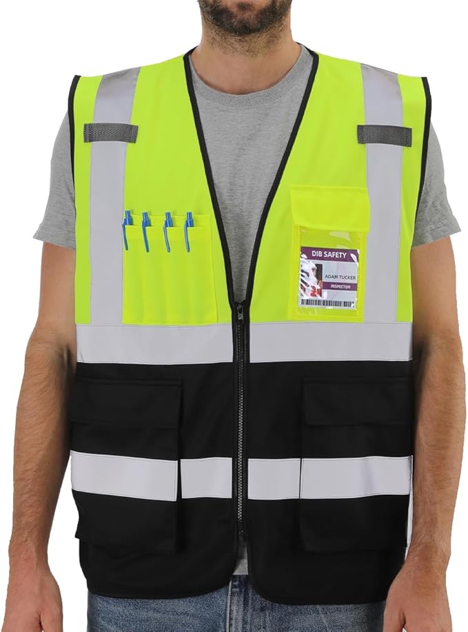 Dib Safety Reflective Vest High Visibility with Pockets and Zipper, Yellow and Black 2XL