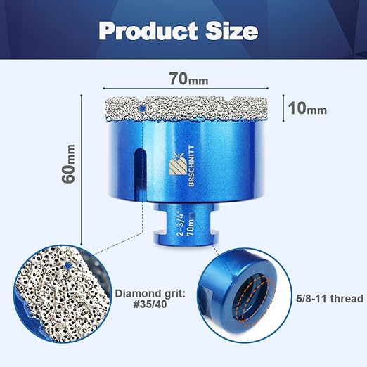 2-3/4 Inch Diamond Core Drill Bit for Porcelain Tile Ceramic Marble Granite Drilling,BRSCHNITT 2pcs Vacuum Brazed Diamond Hole Saw with 5/8-11 Thread (70mm 2pcs)