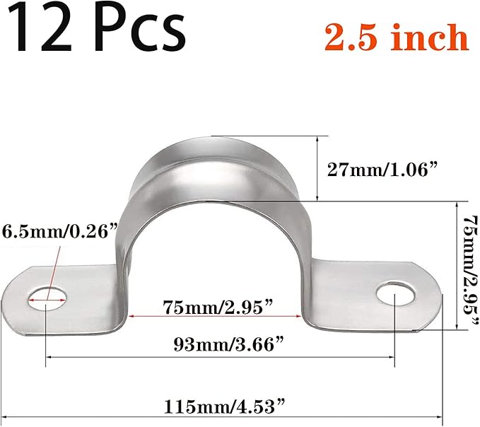 12 Pcs 2.5inch Rigid Pipe Strap,Two Hole Stainless Steel Strap U Bracket, Widened Tube Strap Tension Clip Assortment Kit Heavy Duty Pipe Clamp for Pipe Fixing（75mm）