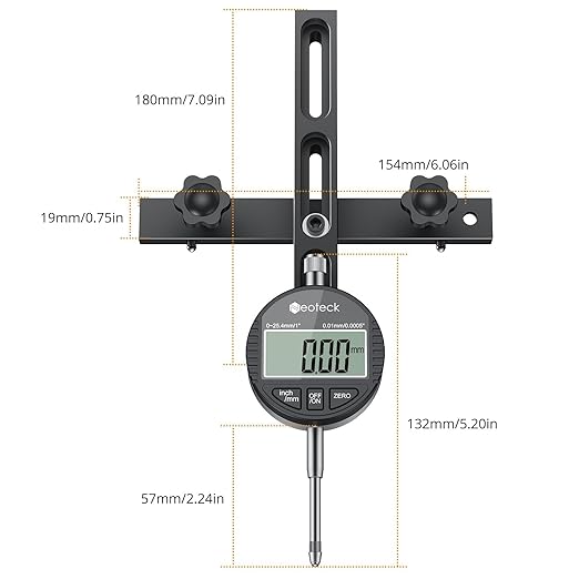 Neoteck 0-1'' Digital Dial Indicator Table Saw Gauge Suitable for Table Saws with a Groove Width of 3/4" (19mm) or More for Aligning and Calibrating Work,Shop Machinery,Band Saw and Drill Press-Black