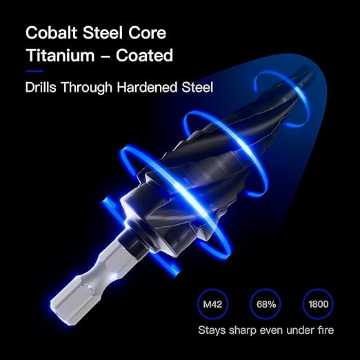Cobalt Steel Step Drill Bit Set - 5PCS 50 Sizes for Metal, Impact-Ready Step Bits for Steel with Titanium Coating & Aluminum Case | Professional Metal Drill Bit Kit(5pc)