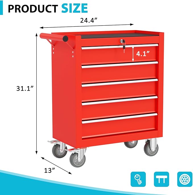 5 Drawers Rolling Tool Chest, Portable Storage Tool Box with Wheels, Tool Chest with Lock for Warehouse, Garage, Repair Shop and Tool Room