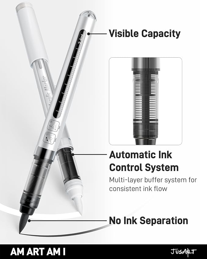 JusArt 3 Black Acrylic Paint Markers Brush Tip, Water-Based No-Bleed Markers - Image 3