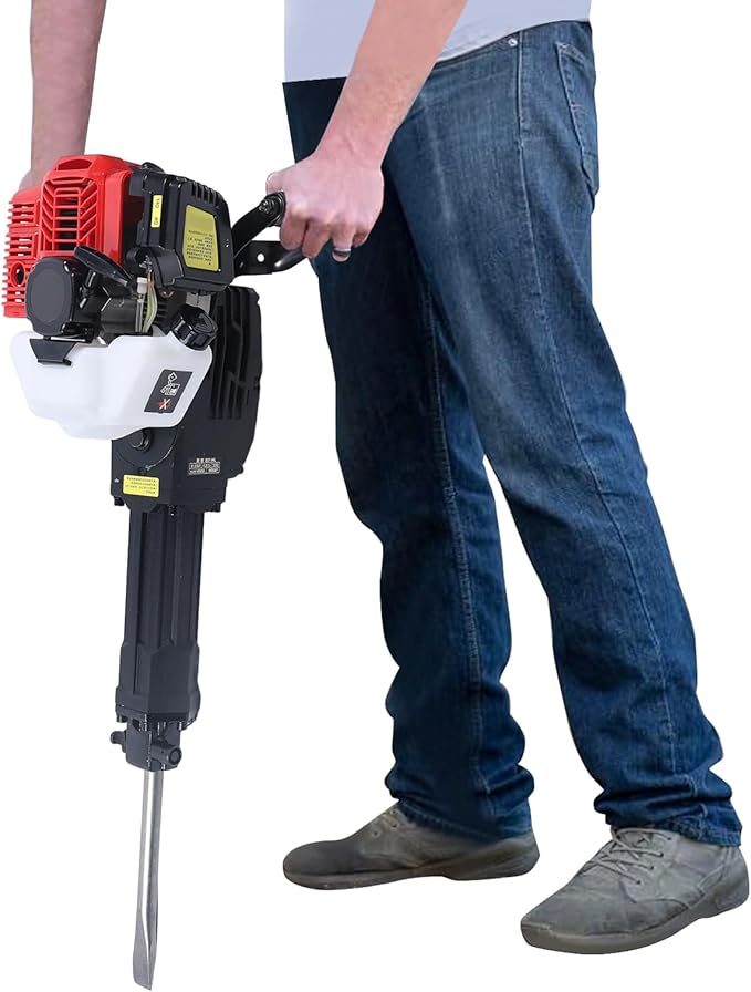 52cc 2 Stroke Handheld Gas Powered Demolition Jack Hammer Concrete Breaker Drill Jack Hammer Air Cooling Breaker Drill with 2 Chisel (One Point and One Flat) Gasoline Concrete Breaker for Building