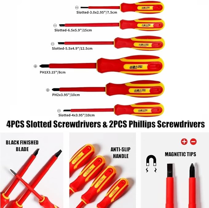 6-Piece 1000 Volts Insulated Screwdriver Set, Magnetic Tip Electrician Screwdriver Set, 4 Slotted and 2 Philips, with Plastic Supporter